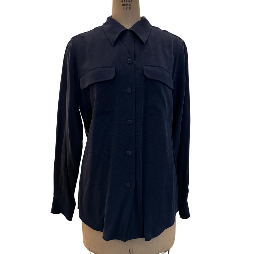 Christie & Jill Navy Blue 100% Silk Textured Button Down Blouse M Womens Luxury